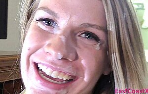 Blonde teen Korree Star takes an open mouth cumshot to finish interracial sex
